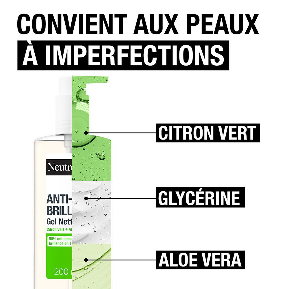 Neutrogena Anti-Brillance Gel Nettoyant. Ingrédients : citron, glycérine, aloe vera. Flacon avec pompe blanche.