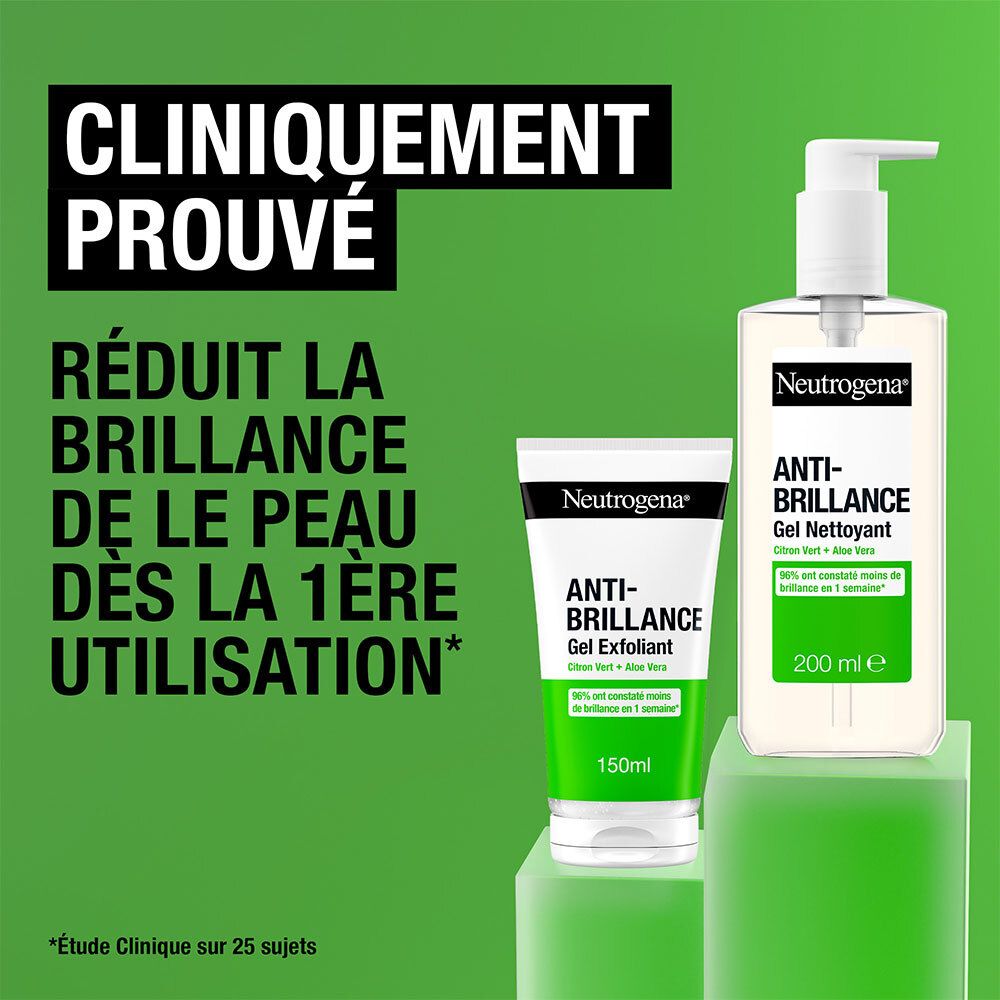 Neutrogena Anti-Brillance Gel Nettoyant et Exfoliant. Flacons avec pompe blanche. Cliniquement prouvé.