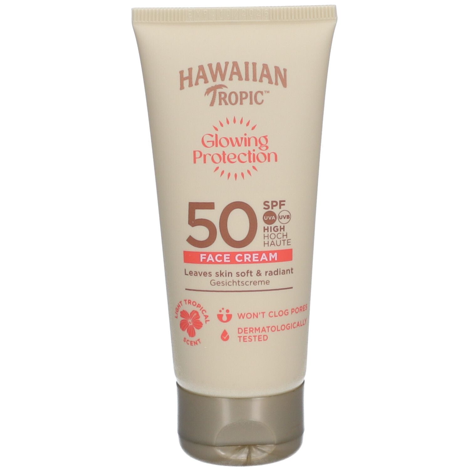Tube beige Hawaiian Tropic SPF50 pour le visage. Logo, Glowing Protection, 50, Face Cream. Testé dermatologiquement.