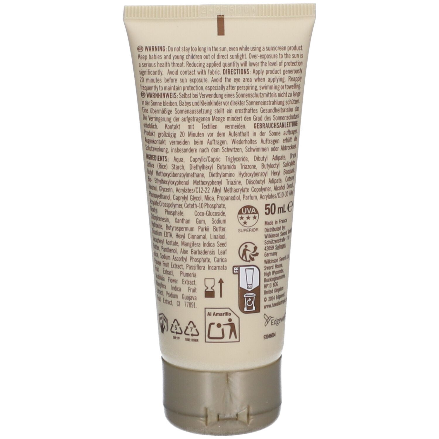 Dos du tube de crème solaire Hawaiian Tropic. Texte avec avertissements, instructions et ingrédients. 50 ml.