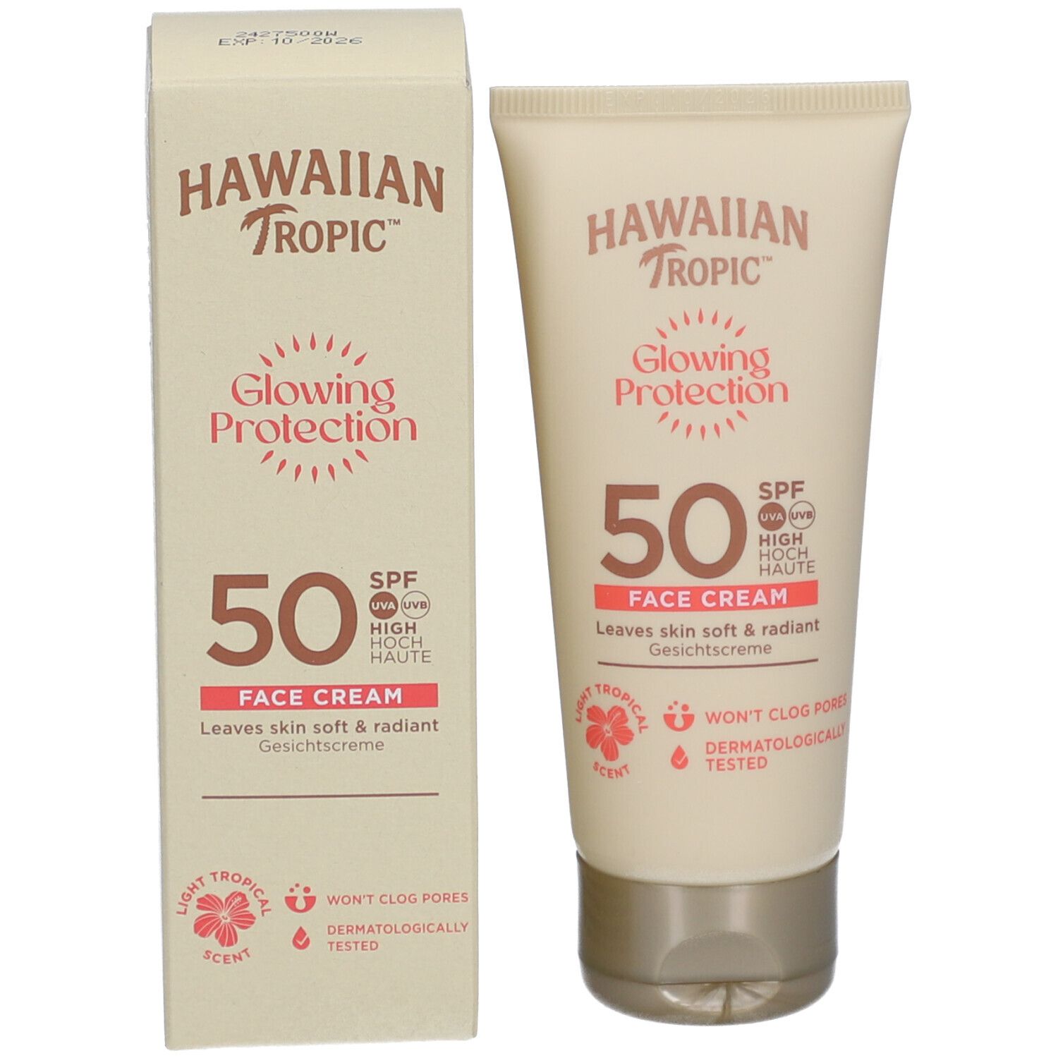 Crème solaire visage Hawaiian Tropic SPF50 et emballage. Logo, Glowing Protection, 50, Face Cream. Testé dermatologiquement.