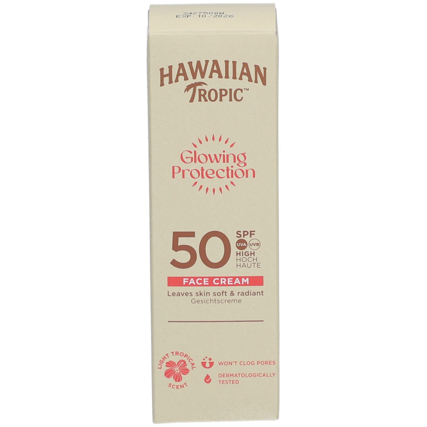Emballage de la crème solaire visage Hawaiian Tropic SPF50. Logo, Glowing Protection, 50, Face Cream. Testé dermatologiquement.