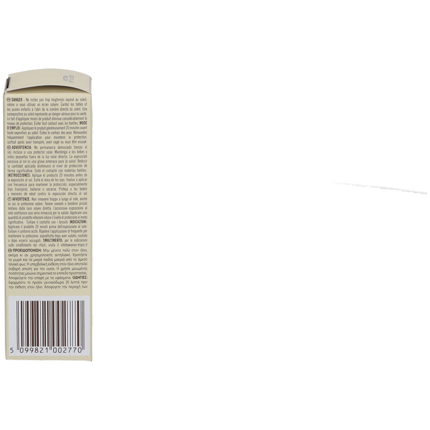 Dos de l'emballage de la crème solaire Hawaiian Tropic. Texte avec avertissements, instructions et ingrédients.