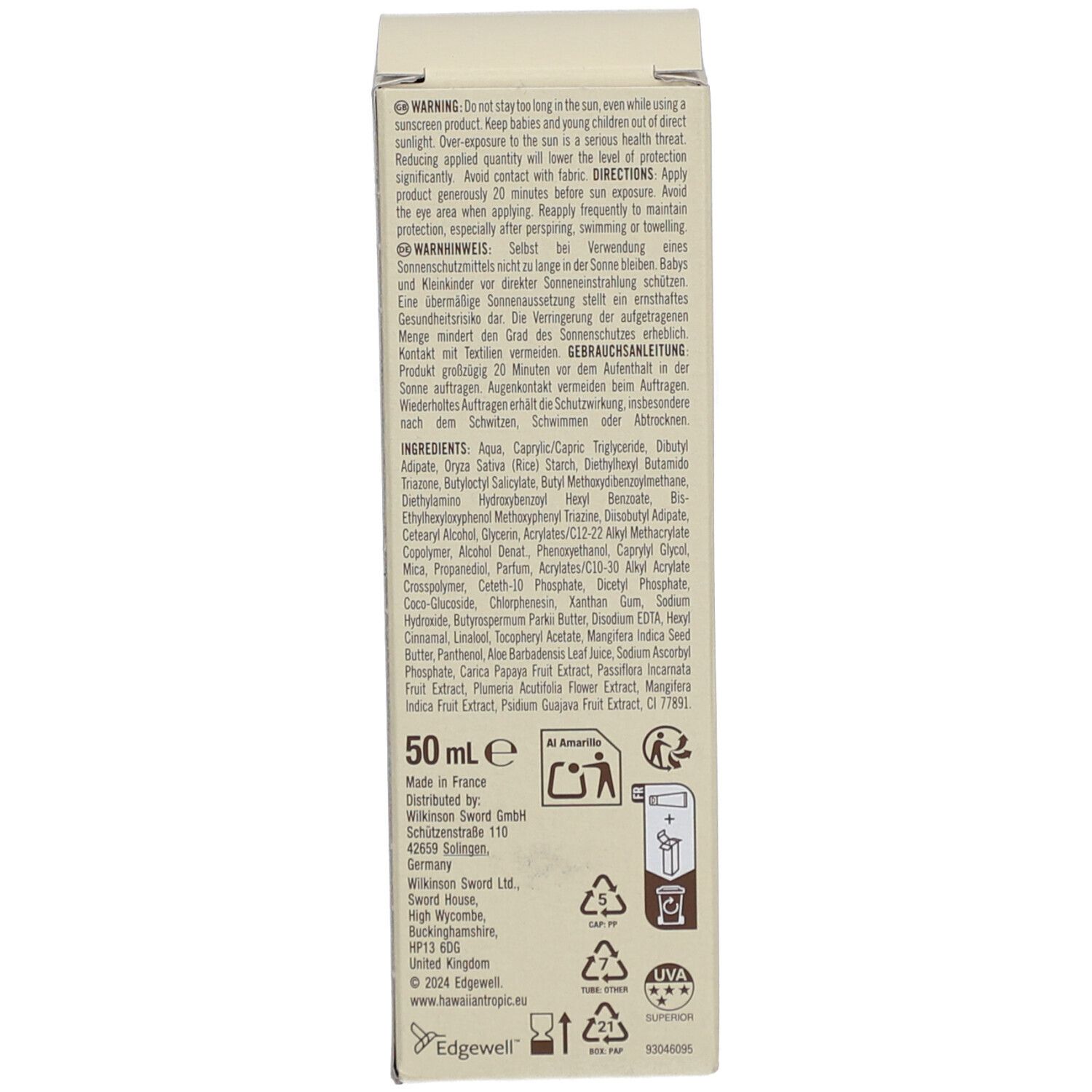 Dos de l'emballage de la crème solaire Hawaiian Tropic. Texte avec avertissements, instructions et ingrédients. 50 ml.