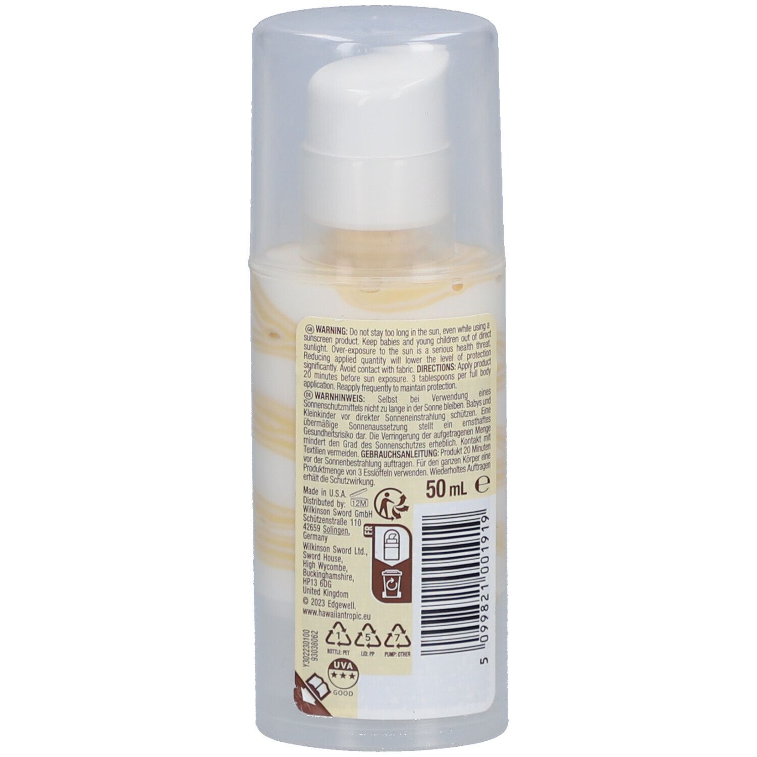 Rückseite der Sonnencreme-Flasche. Enthält Text, Barcode und 50 ml-Angabe.