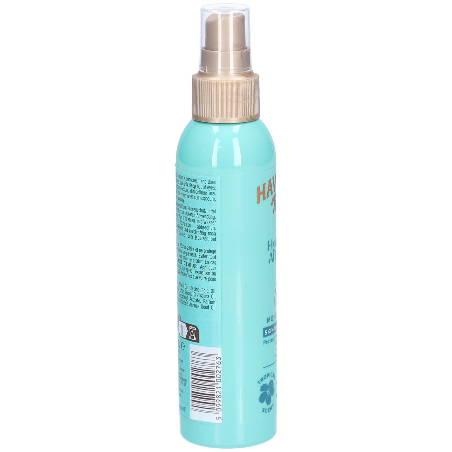 Rückseite der türkisfarbenen Sprühflasche. Text in mehreren Sprachen. Enthält Informationen zu Inhaltsstoffen und Anwendung.