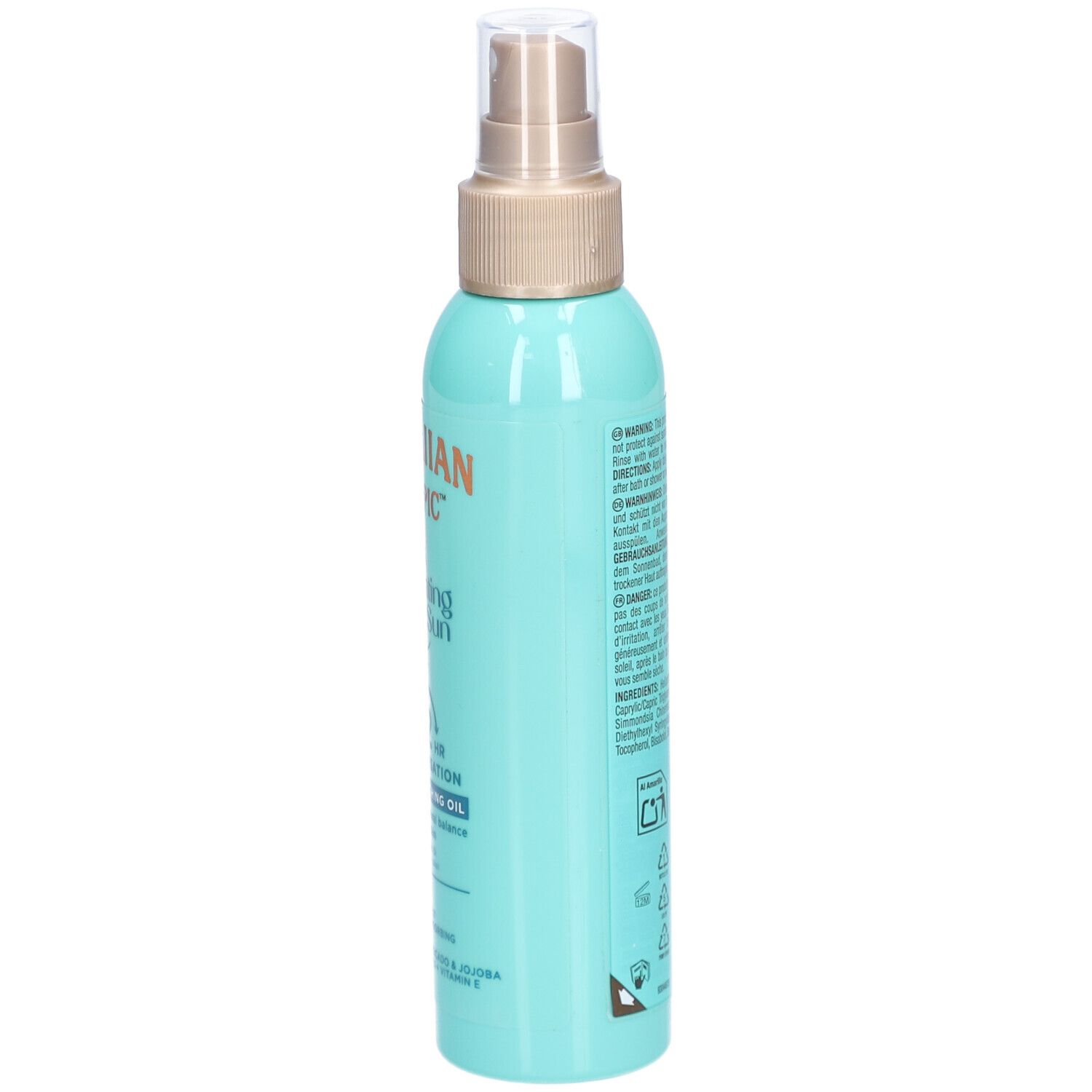 Türkisgrüne Sprühflasche mit goldfarbenem Sprühkopf. Aufschrift: Hawaiian Tropic, Hydrating After Sun, 12hr Moisturisation.