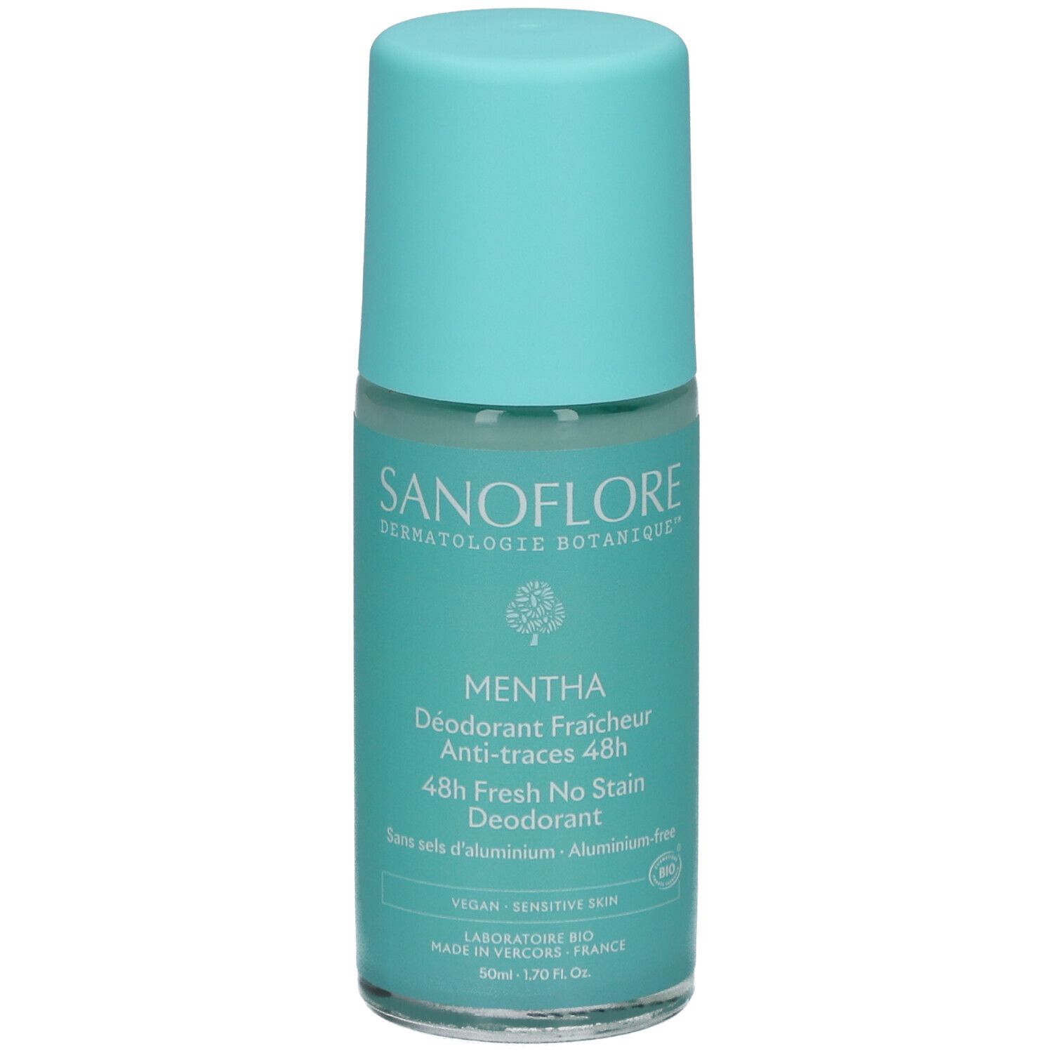 Déodorant roll-on turquoise. Inscriptions : SANOFLORE, MENTHA, 48h Fresh No Stain. Vegan, peau sensible.
