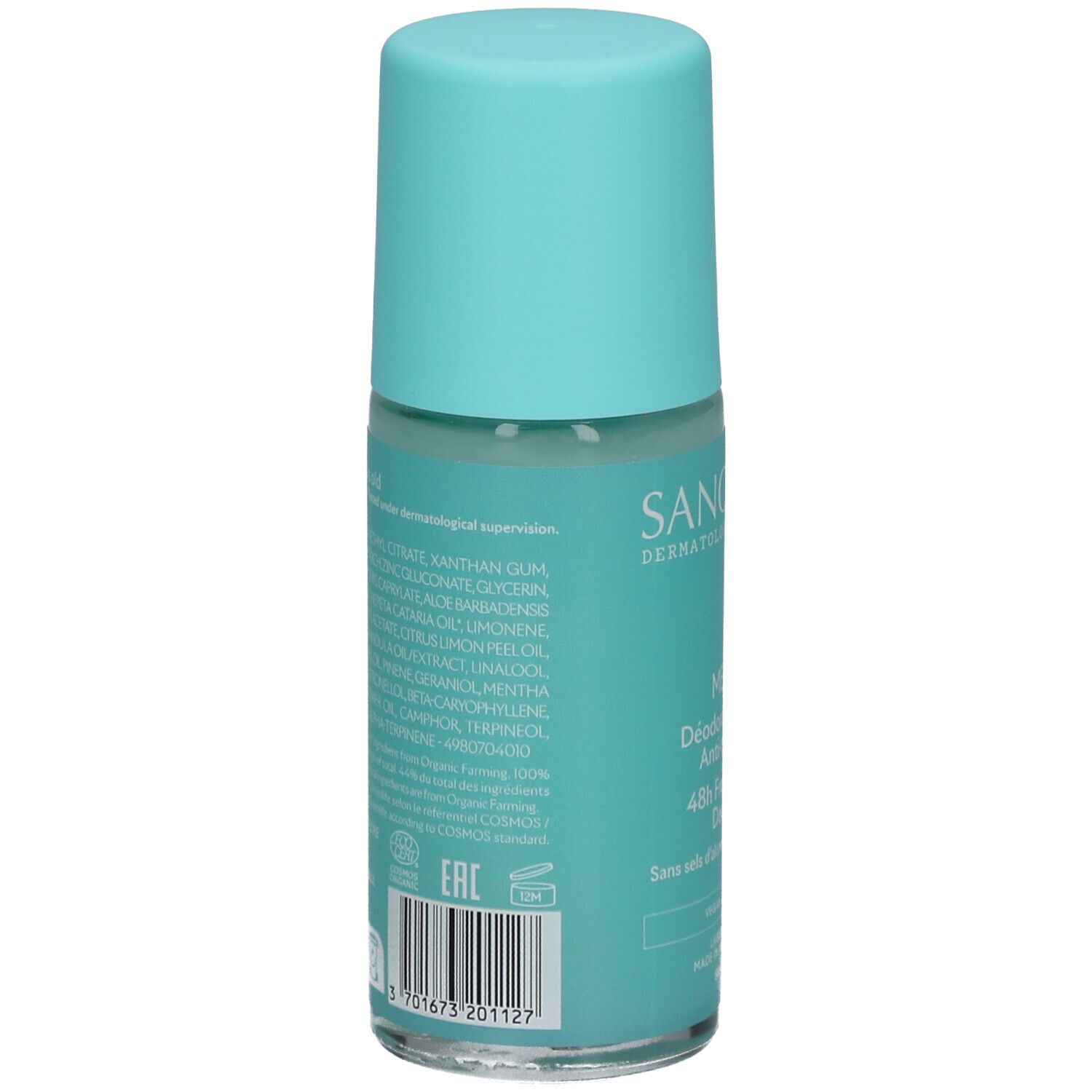 Dos du déodorant roll-on turquoise. Liste des ingrédients et informations. Certification bio.