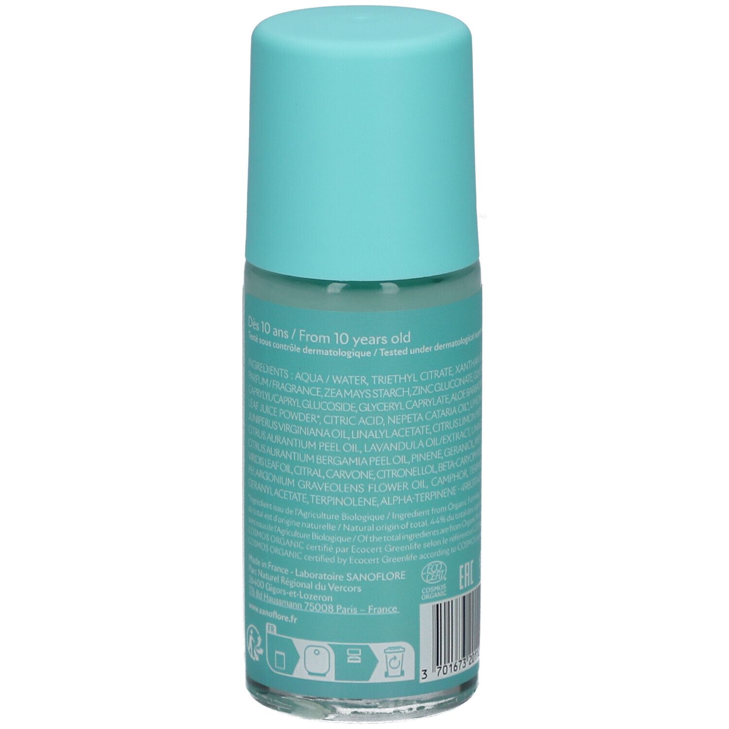 Dos du déodorant roll-on turquoise. Liste des ingrédients et informations. Certification bio.