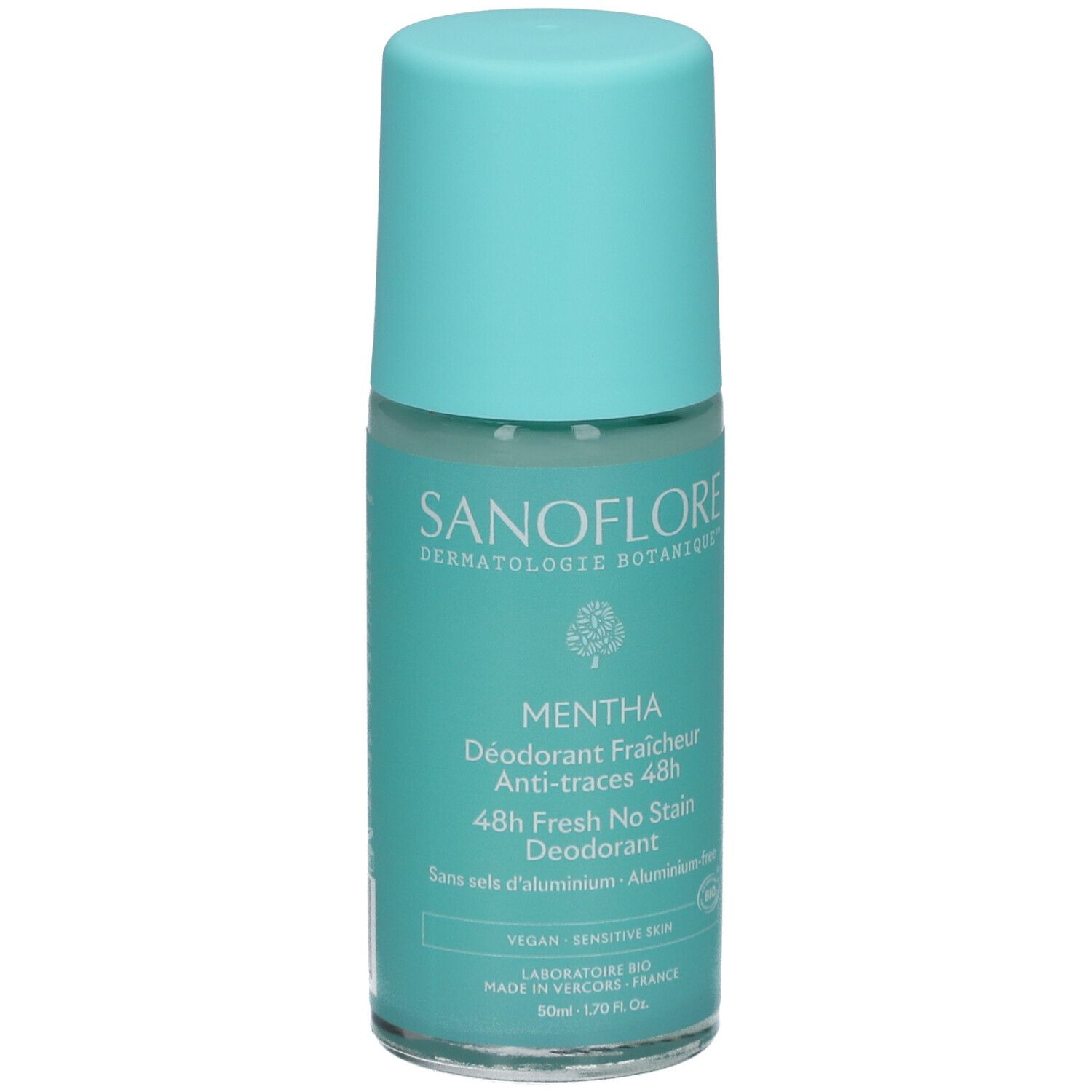 Déodorant roll-on turquoise. Inscriptions : SANOFLORE, MENTHA, 48h Fresh No Stain. Vegan, peau sensible.