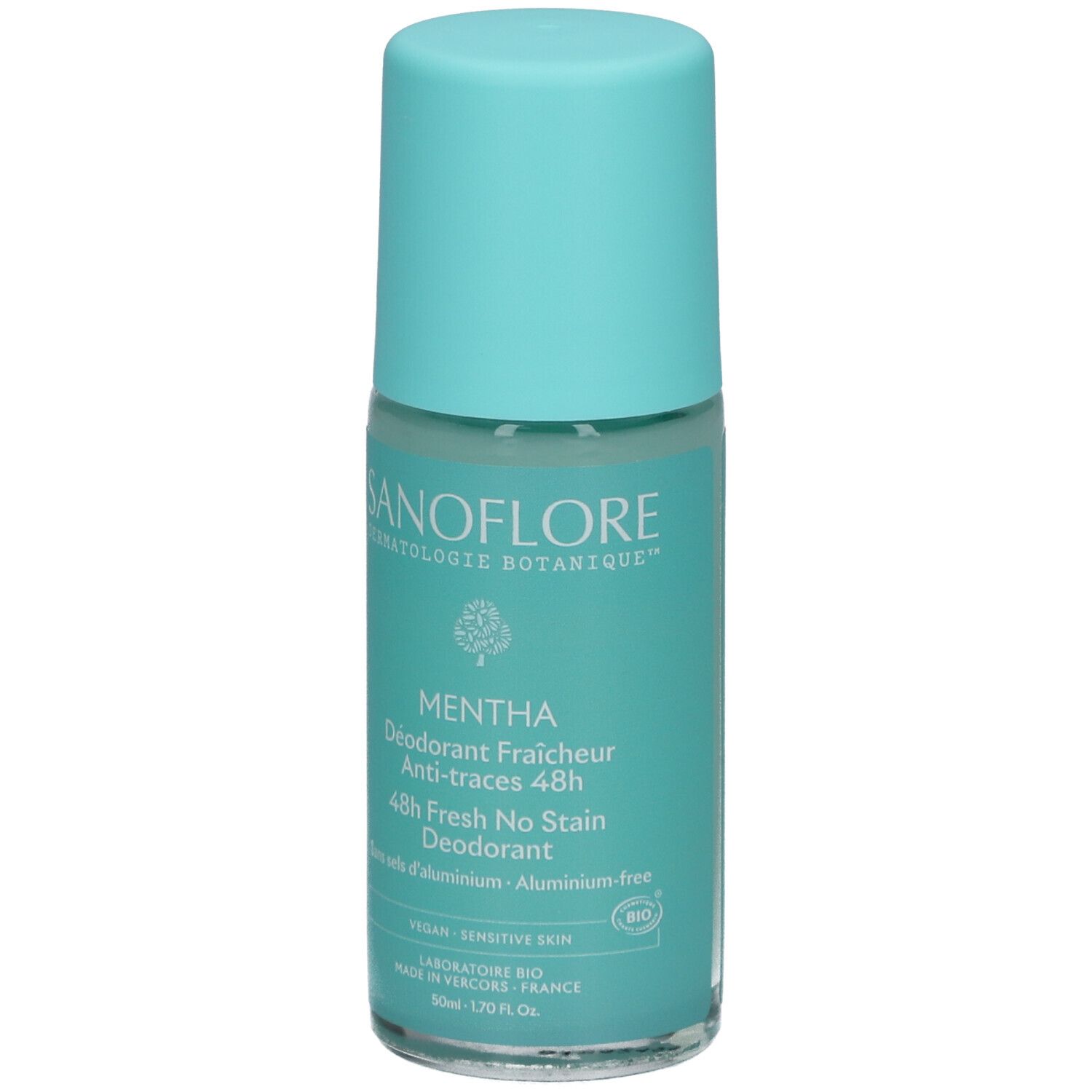 Déodorant roll-on turquoise. Inscriptions : SANOFLORE, MENTHA, 48h Fresh No Stain. Vegan, peau sensible.