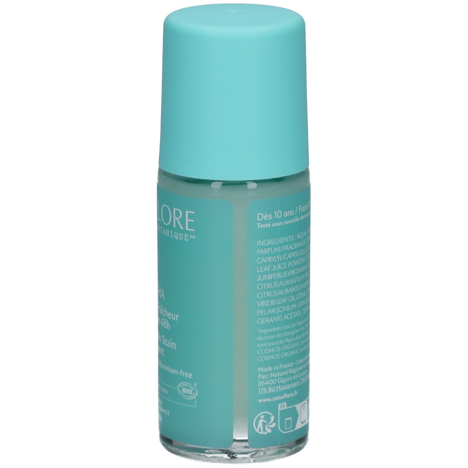 Dos du déodorant roll-on turquoise. Liste des ingrédients et informations. Certification bio.