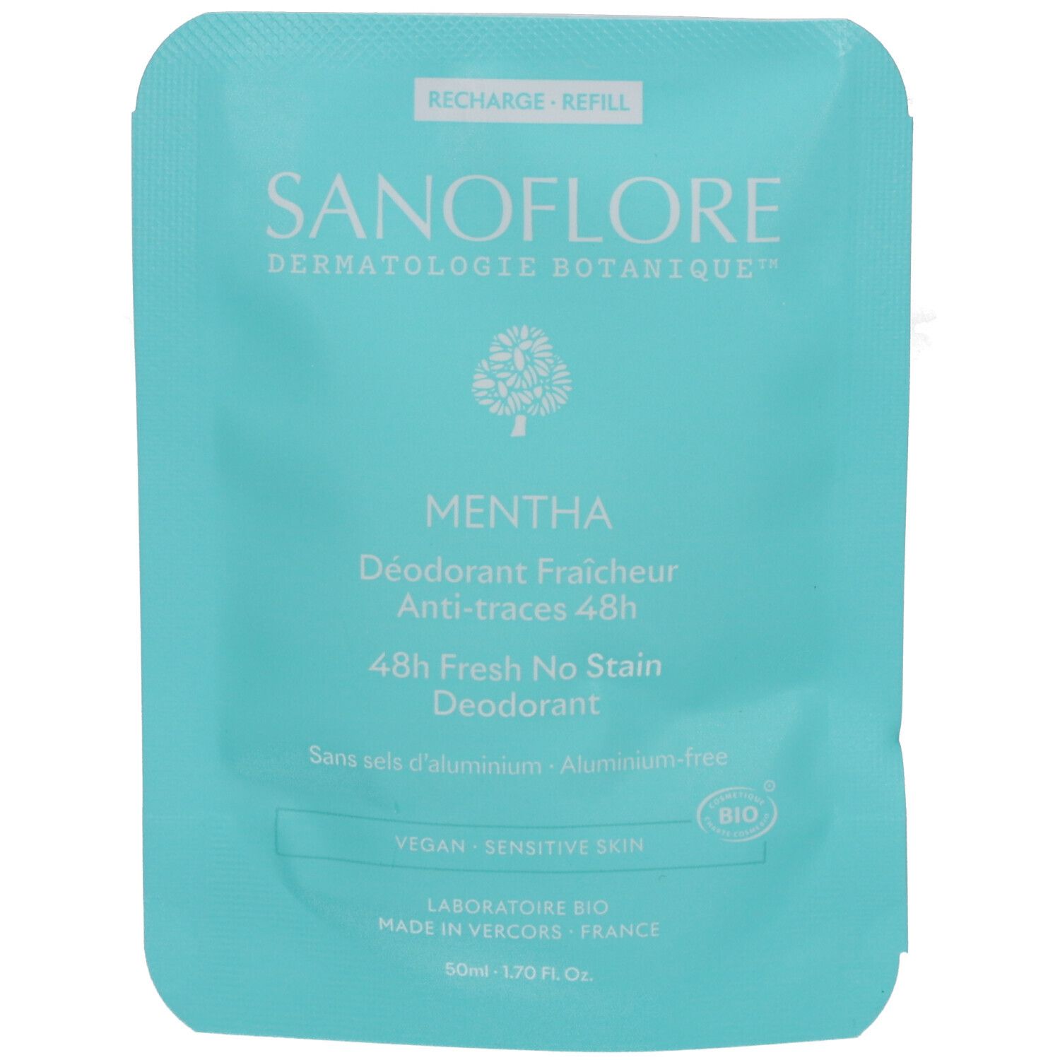 Recharge turquoise. Texte: SANOFLORE, Mentha, Déodorant 48h. Sans sels d'aluminium. Vegan, peau sensible. Label bio. 50ml.