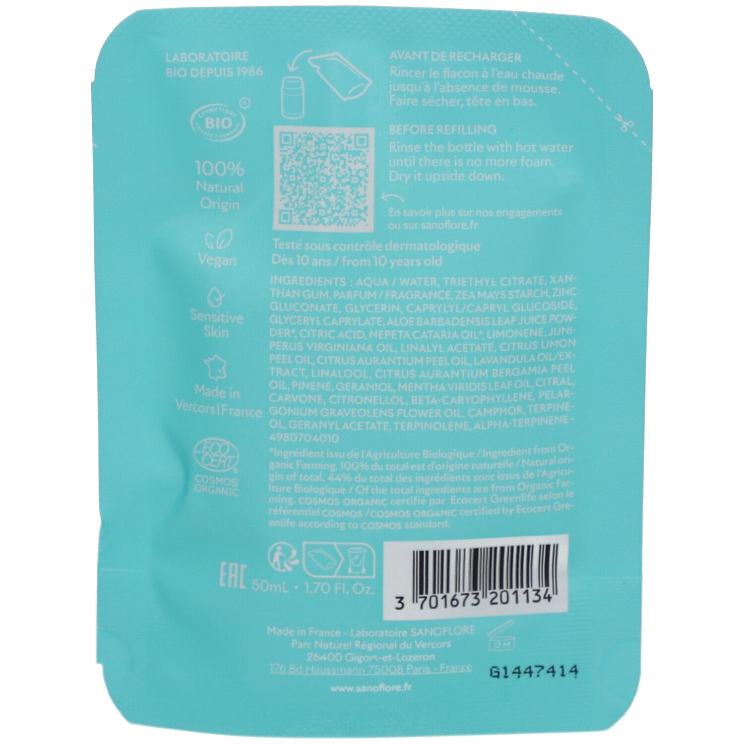 Dos de la recharge. Texte: Laboratoire Bio. Code QR. 100% origine naturelle. Ingrédients. 50ml. Label bio. Code EAN.