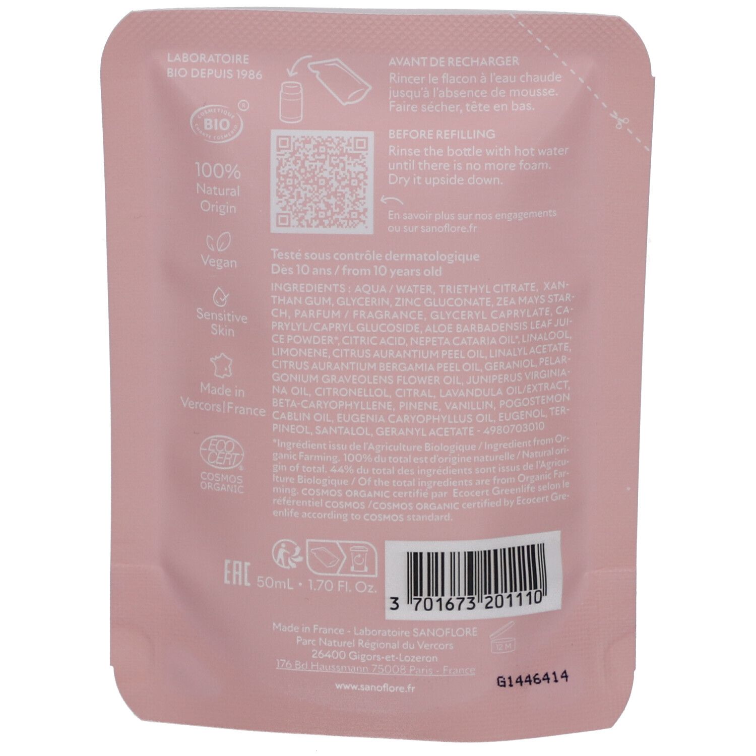 Dos de la recharge rose. Texte: Laboratoire Bio, 100% origine naturelle, vegan, peaux sensibles. Certification bio.