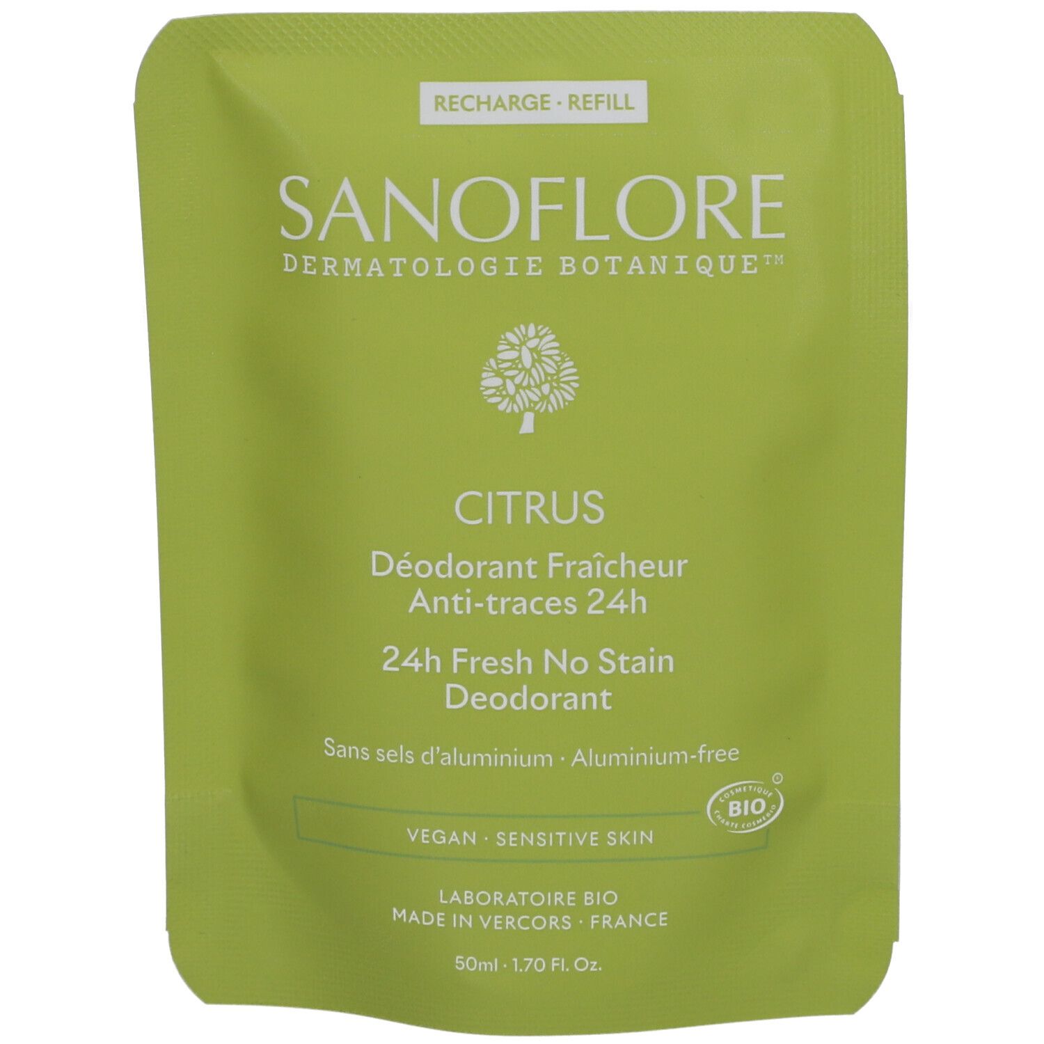 Sachet de recharge vert. Texte: SANOFLORE, CITRUS, Déodorant 24h. Sans aluminium, végan, peau sensible. Label bio.