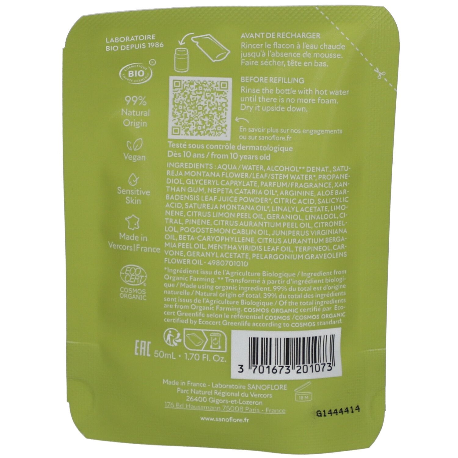 Dos du sachet de recharge. Texte: 99% d'origine naturelle, végan, peau sensible. Label bio. Ingrédients, QR code, 50ml.