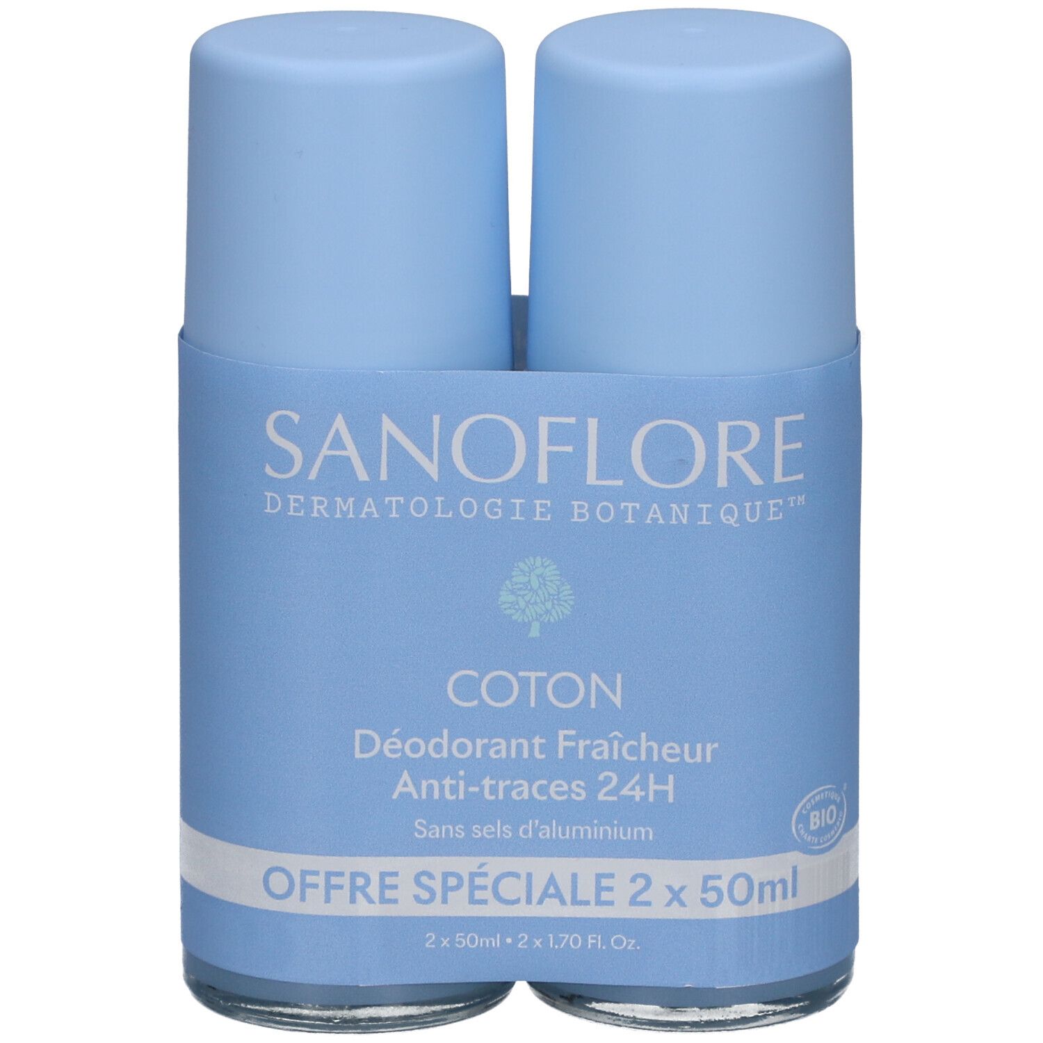 Deux déodorants roll-on bleus dans un support. Inscription: SANOFLORE, COTON, Déodorant Fraîcheur 24H, Anti-traces, Offre Spéciale.