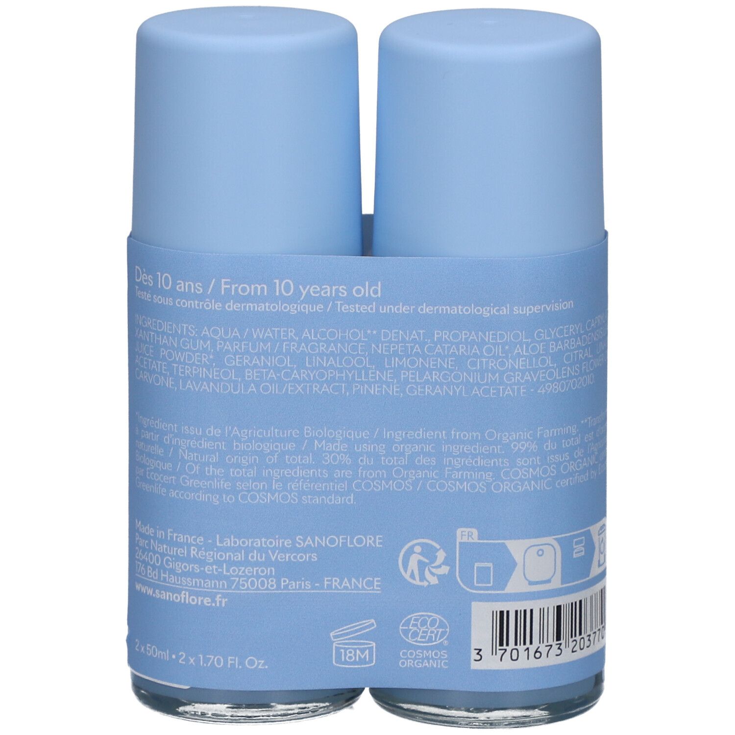 Dos de deux déodorants roll-on bleus. Texte: ingrédients, informations, certification COSMOS ORGANIC.