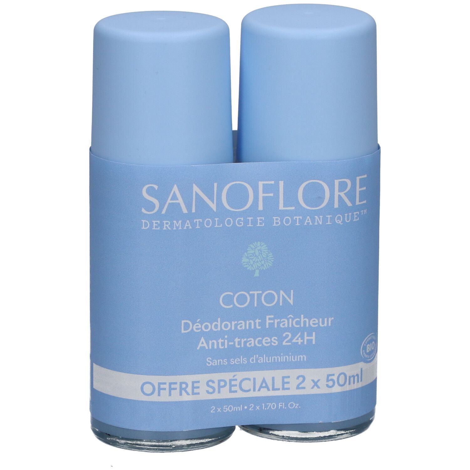 Deux déodorants roll-on bleus dans un support. Inscription: SANOFLORE, COTON, Déodorant Fraîcheur 24H, Anti-traces, Offre Spéciale.