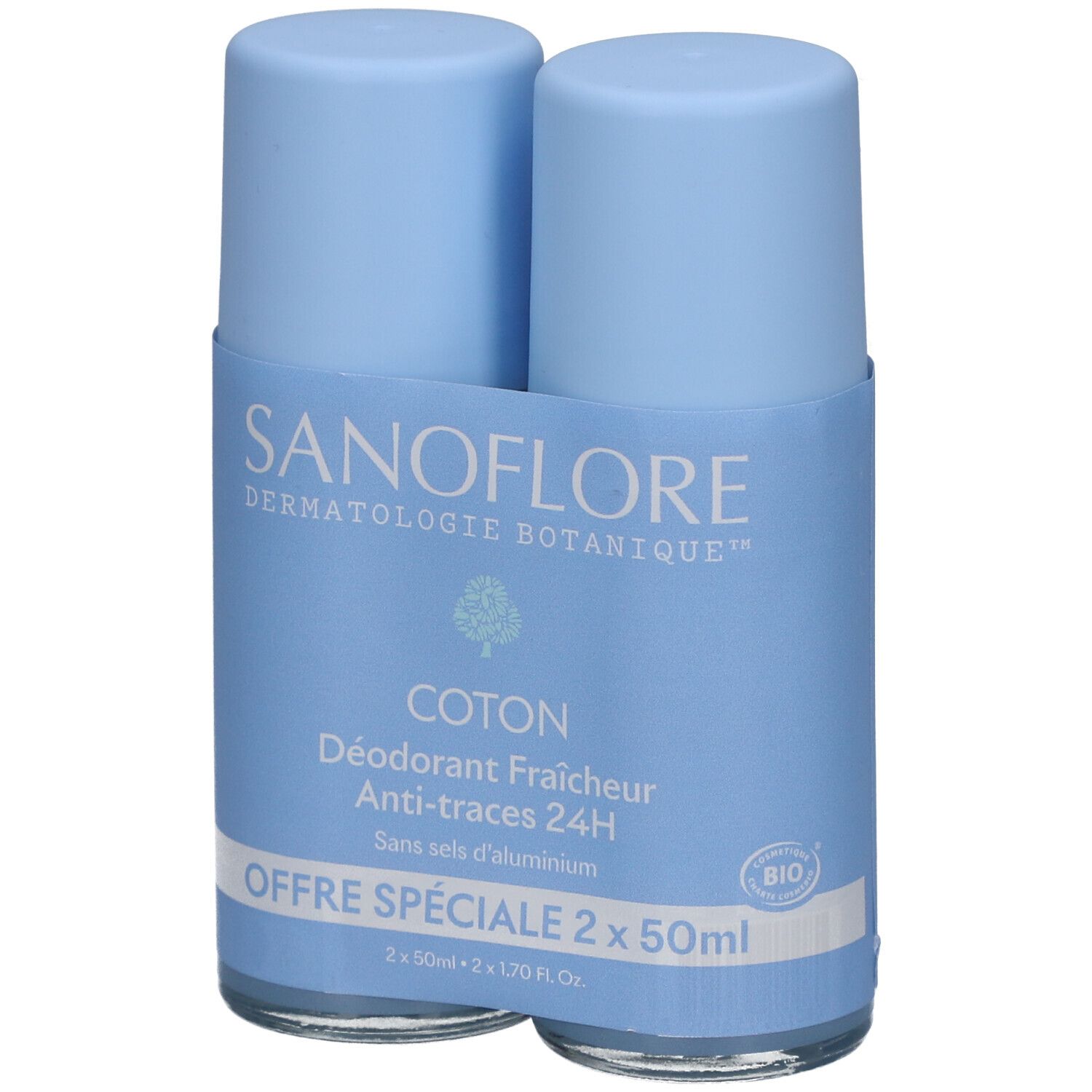 Deux déodorants roll-on bleus dans un support. Inscription: SANOFLORE, COTON, Déodorant Fraîcheur 24H, Anti-traces, Offre Spéciale.