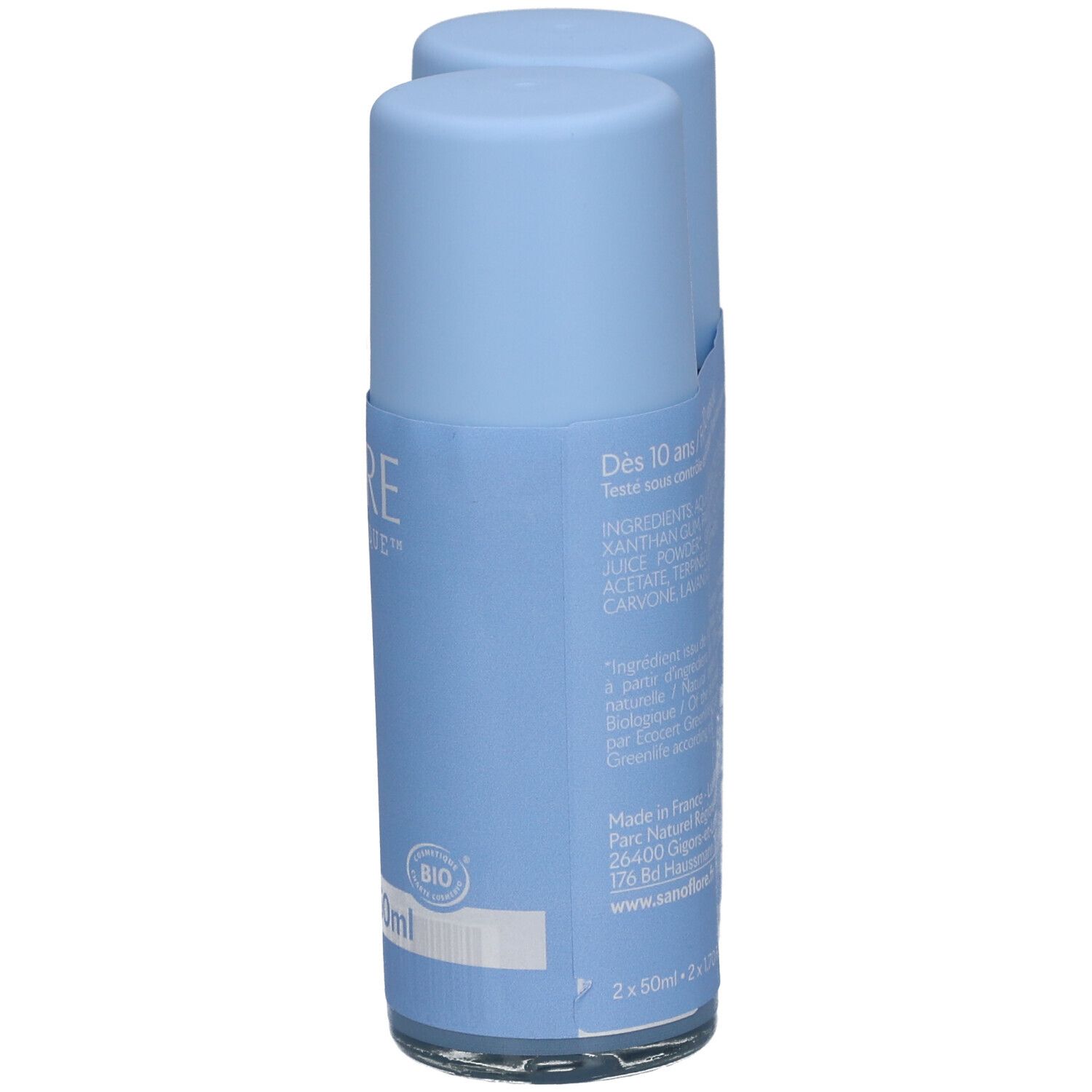 Deux déodorants roll-on bleus. Ingrédients et informations sur le côté. Avec logo BIO.
