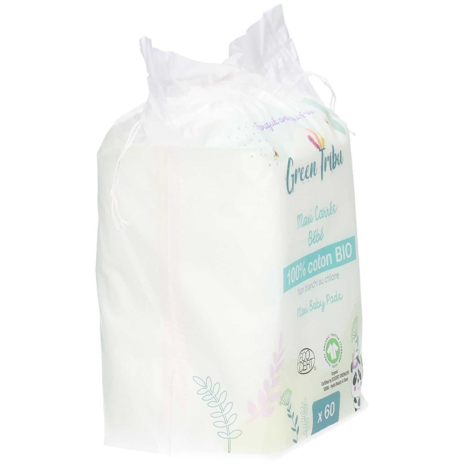 Grüne Tribu Maxi Baby Pads, 60 Stück, 100% Bio-Baumwolle, chlorfrei gebleicht.