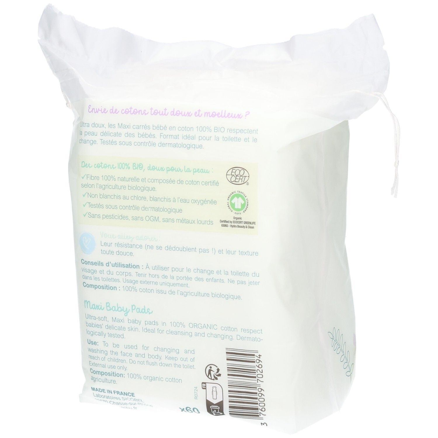 Rückseite der Verpackung: Grüne Tribu Maxi Baby Pads, 60 Stück, 100% Bio-Baumwolle, chlorfrei.