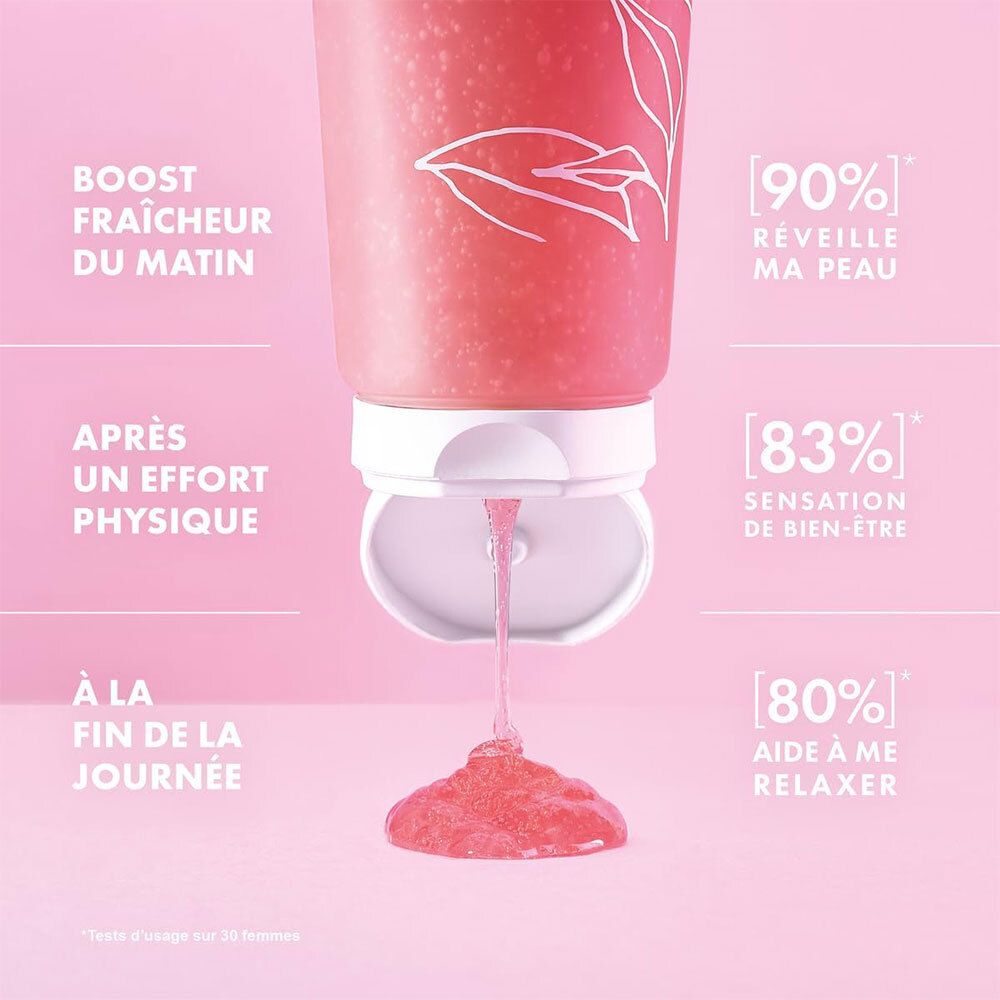 Melvita Duschgel-Tube, geöffnet, mit herausfließendem Gel. Text über Frische-Effekte und Hautgefühl.