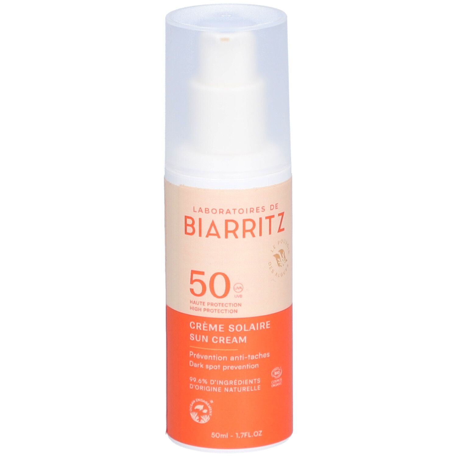 Flacon de crème solaire LABORATOIRES DE BIARRITZ, SPF 50. Crème solaire, prévention anti-taches.