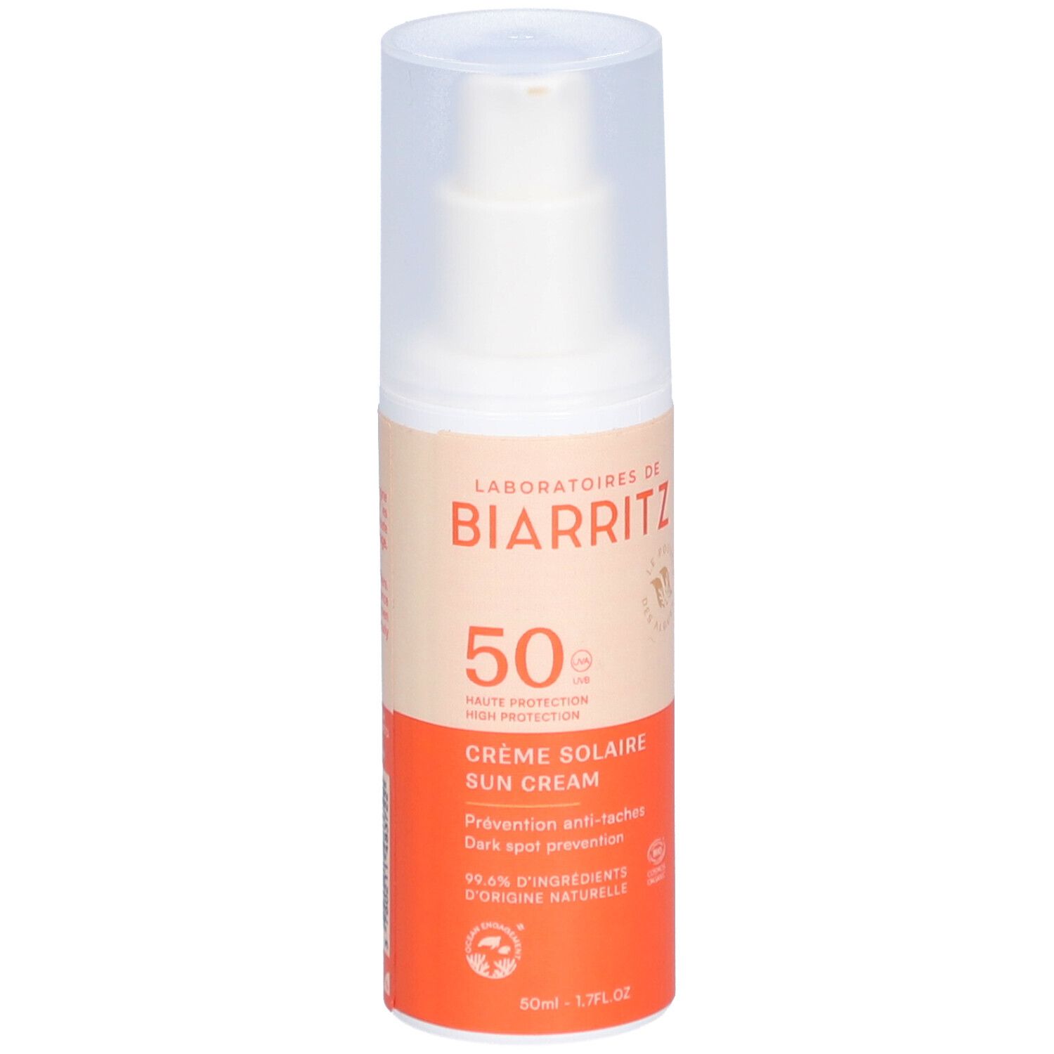 Flacon de crème solaire LABORATOIRES DE BIARRITZ, SPF 50. Crème solaire, prévention anti-taches.