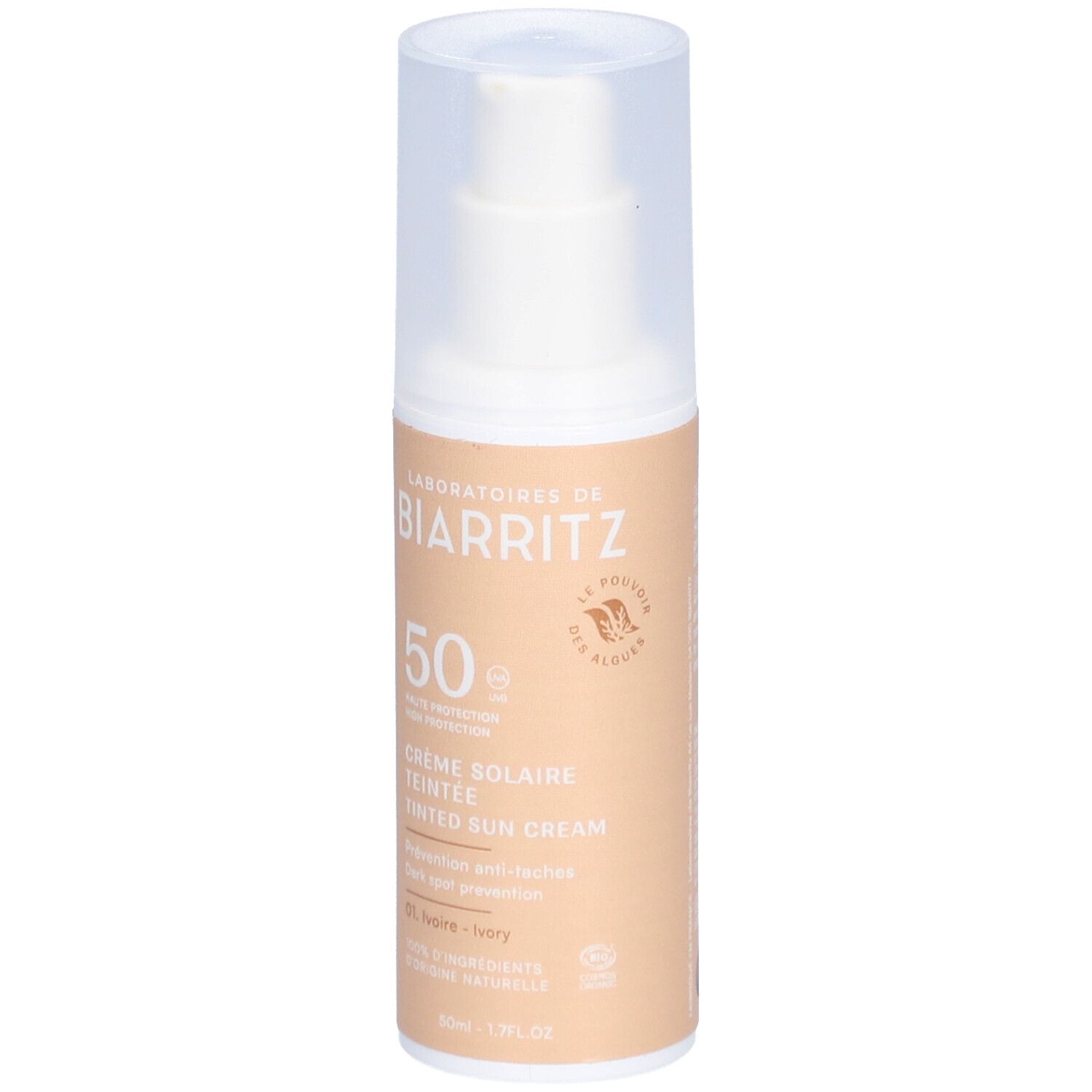Beige getönte Sonnencreme-Flasche mit weißem Deckel. Aufschrift: LABORATOIRES DE BIARRITZ, 50 SPF, Crème Solaire Teintée, 01 Ivoire.
