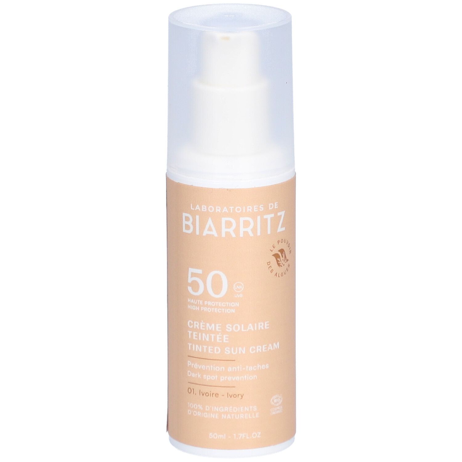 Beige getönte Sonnencreme-Flasche mit weißem Deckel. Aufschrift: LABORATOIRES DE BIARRITZ, 50 SPF, Crème Solaire Teintée, 01 Ivoire.