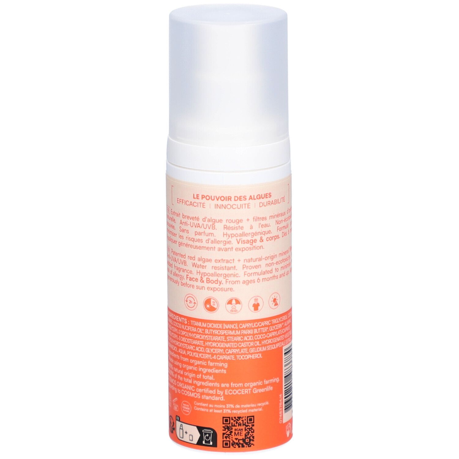 Rückseite der Sonnencreme-Flasche. Weißer Spender, orangefarbener Teil. Text: Le pouvoir des algues, Inhaltsstoffe, ECOCERT.