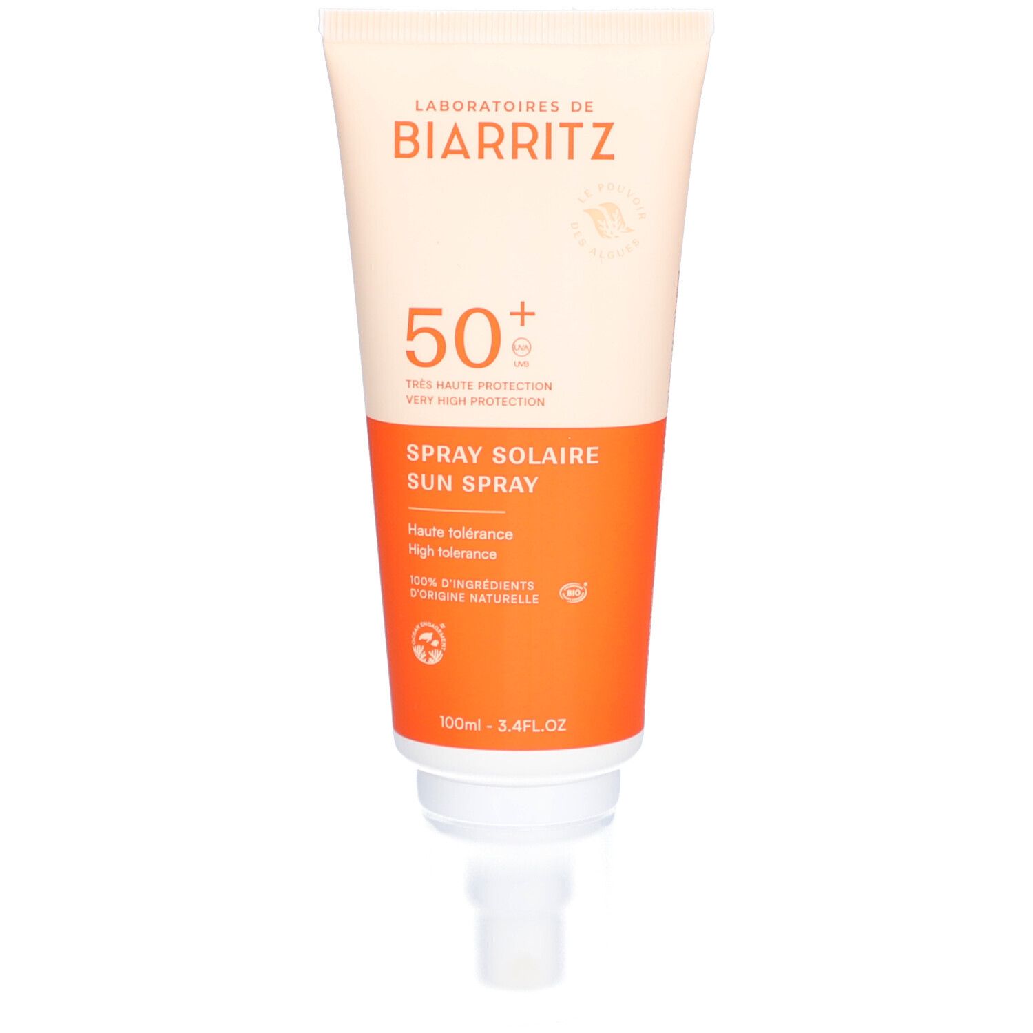 Creme-Tube mit Sonnenschutz. Orange-weißes Design. SPF 50+. Text: Spray Solaire, 100ml.