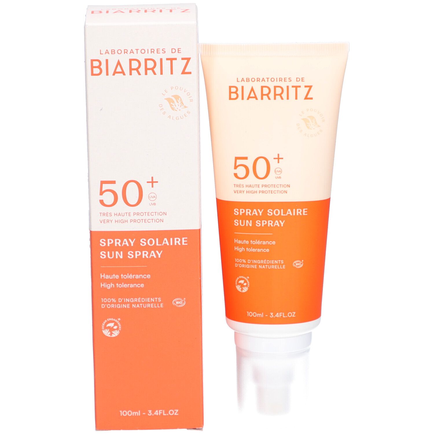 Sonnencreme-Tube und Schachtel. Weiß-orangefarbenes Design. SPF 50+. Text: Spray Solaire.