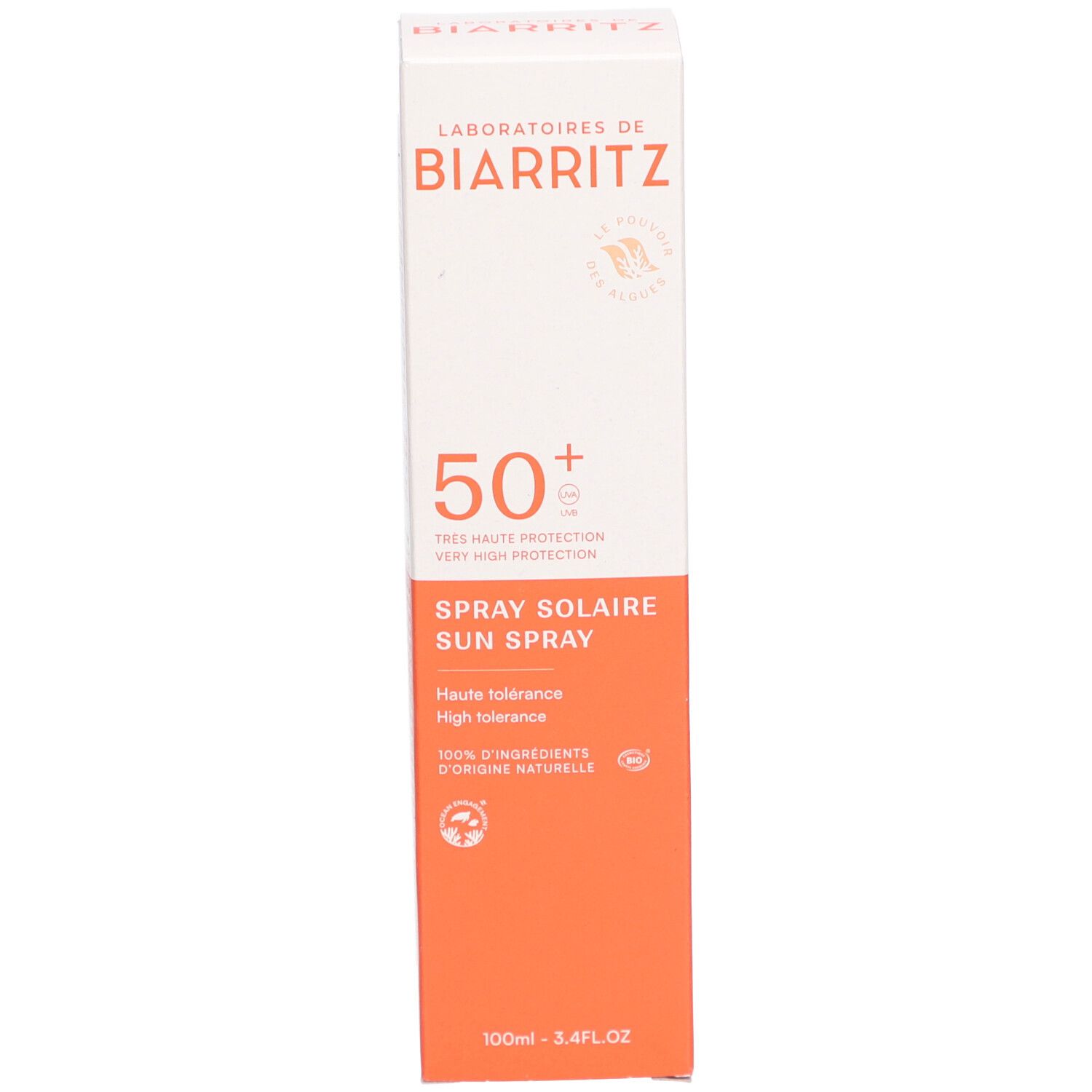 Schachtel für Sonnenspray. Weiß-orangefarbenes Design. SPF 50+. Text: Spray Solaire, 100ml.