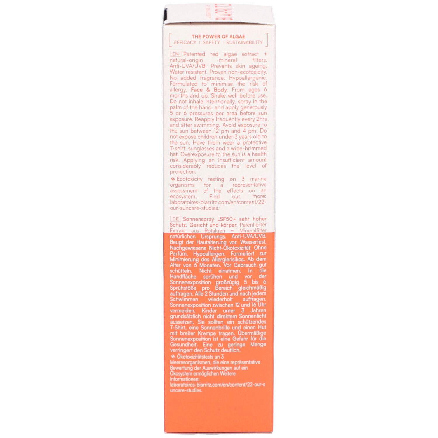 Rückseite der Sonnenschutz-Schachtel. Text in Englisch und Deutsch. SPF 50+.