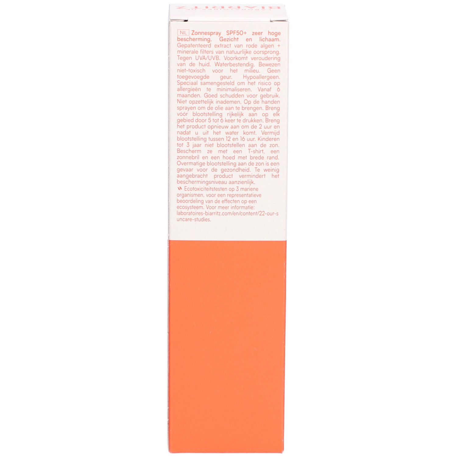 Seite der Sonnenschutz-Schachtel. Text in Niederländisch. SPF 50+.