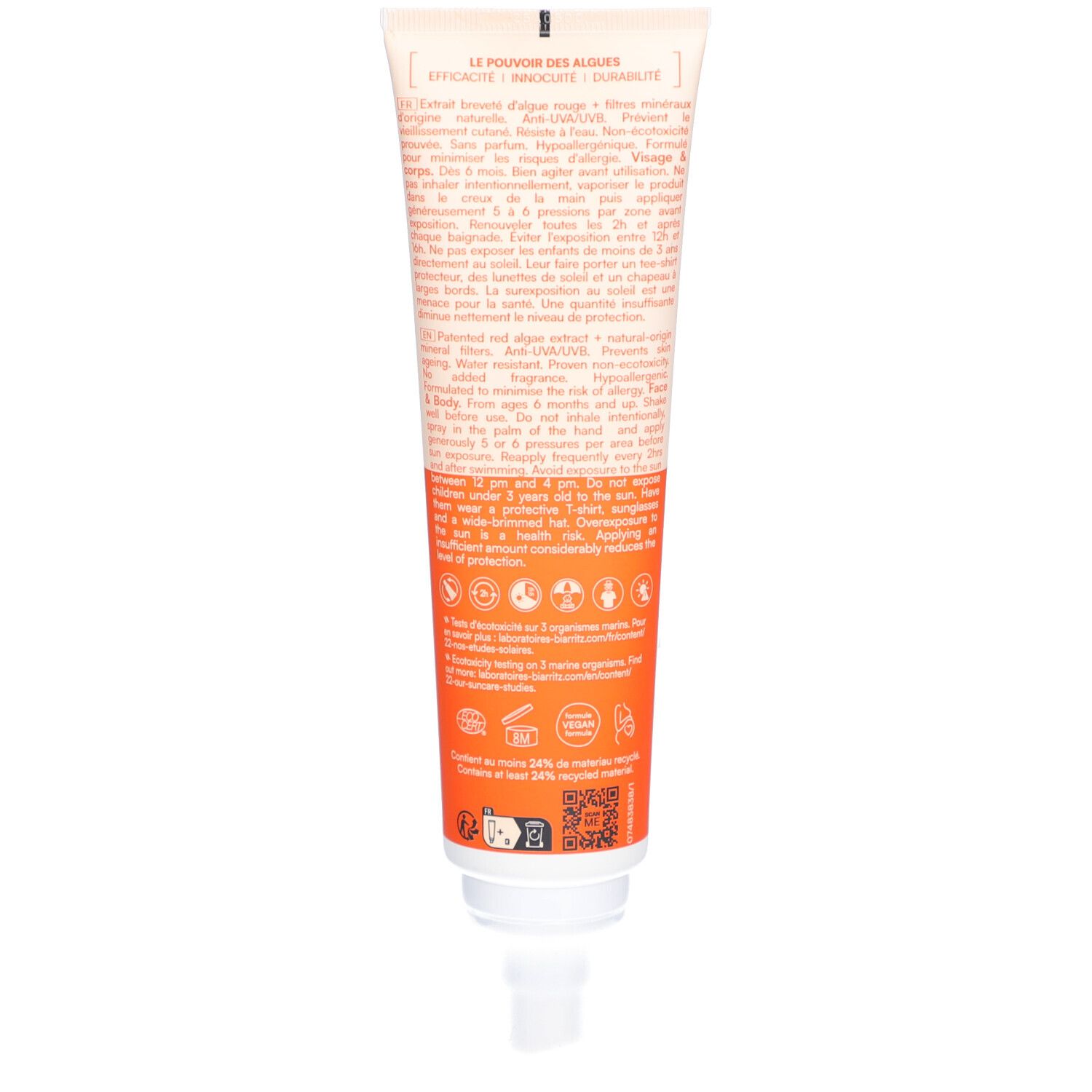 Rückseite der Sonnencreme-Spray-Tube. Text und Logos auf orangefarbenem Hintergrund.
