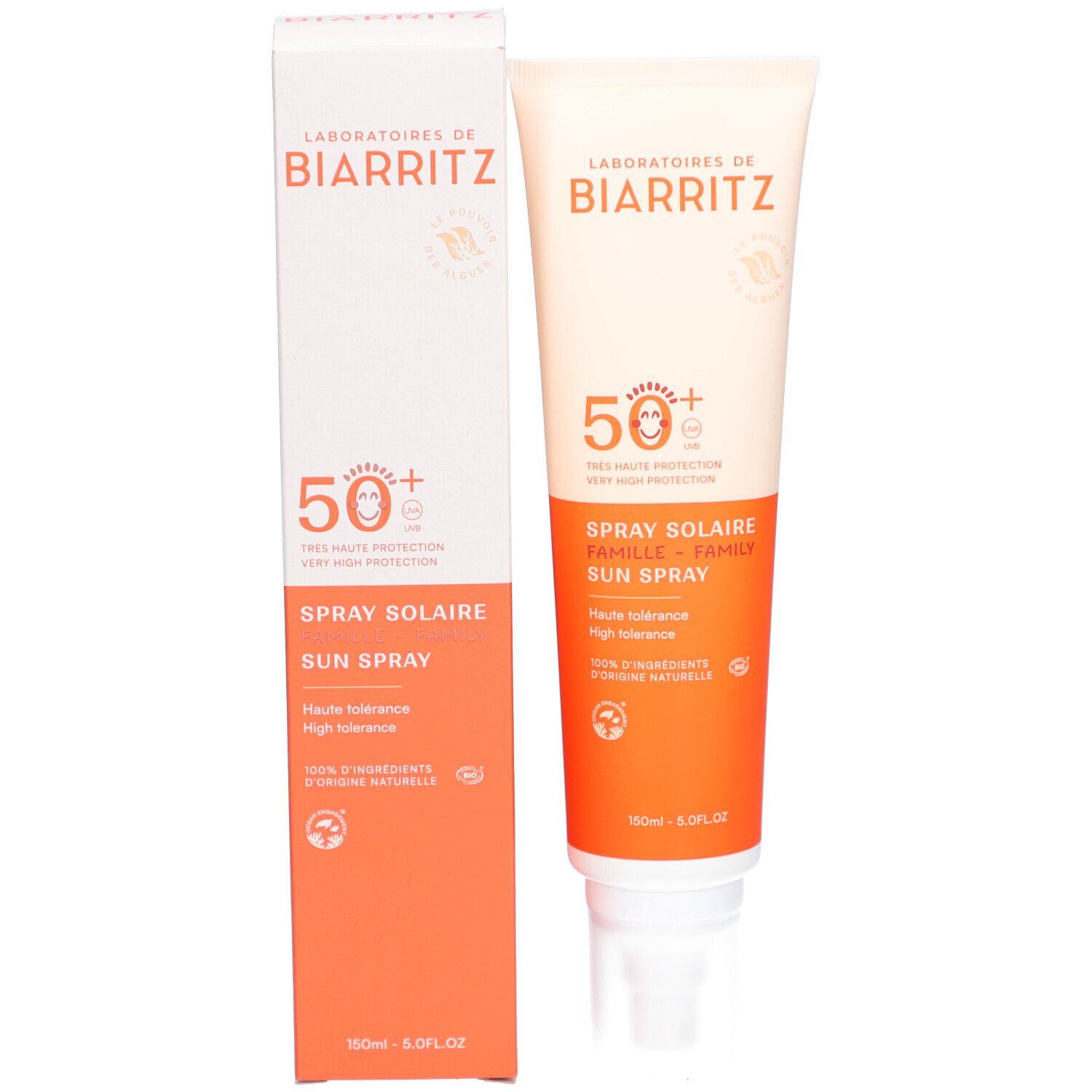 Sonnencreme-Spray und Verpackung. Weiß-orange Tube und Schachtel. SPF 50+.