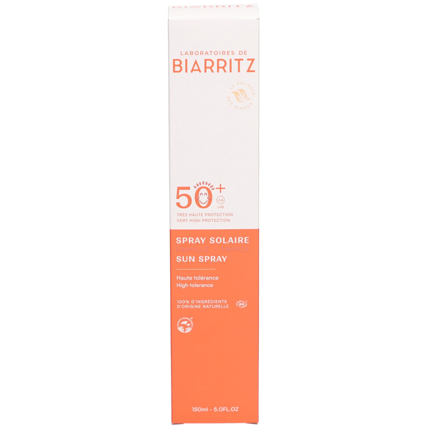 Sonnencreme-Verpackung, weiß-orange. Text: Spray Solaire, SPF 50+.