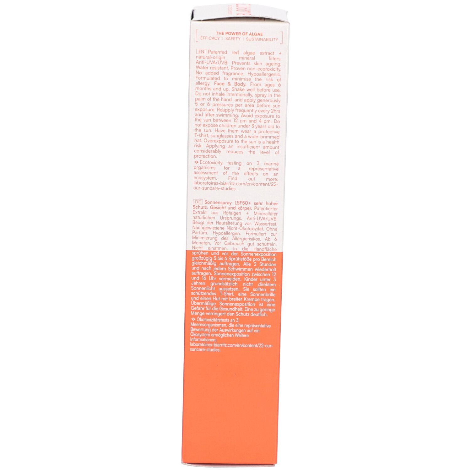 Sonnencreme-Verpackung, Rückseite. Text auf orangefarbenem Hintergrund.