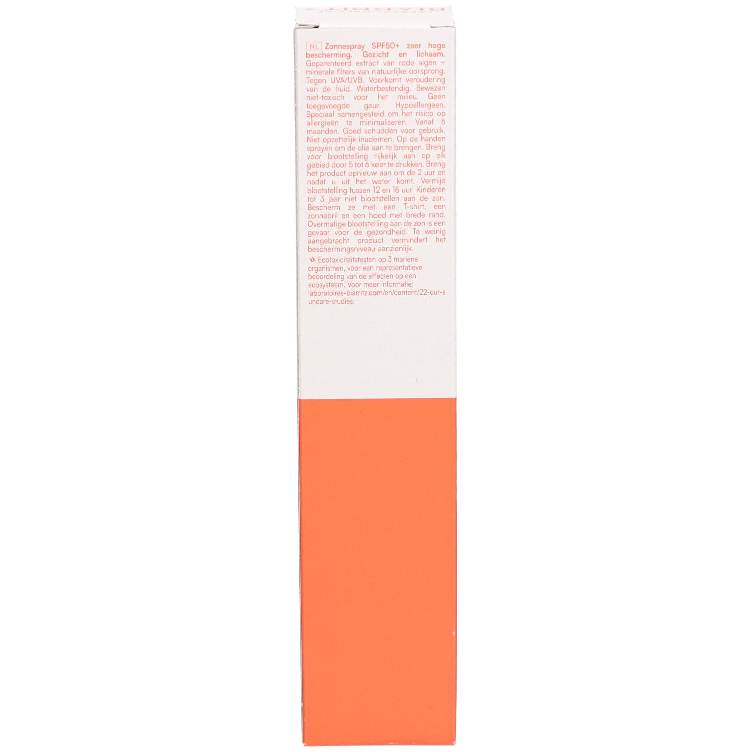 Sonnencreme-Verpackung, Seite. Text auf orangefarbenem Hintergrund.