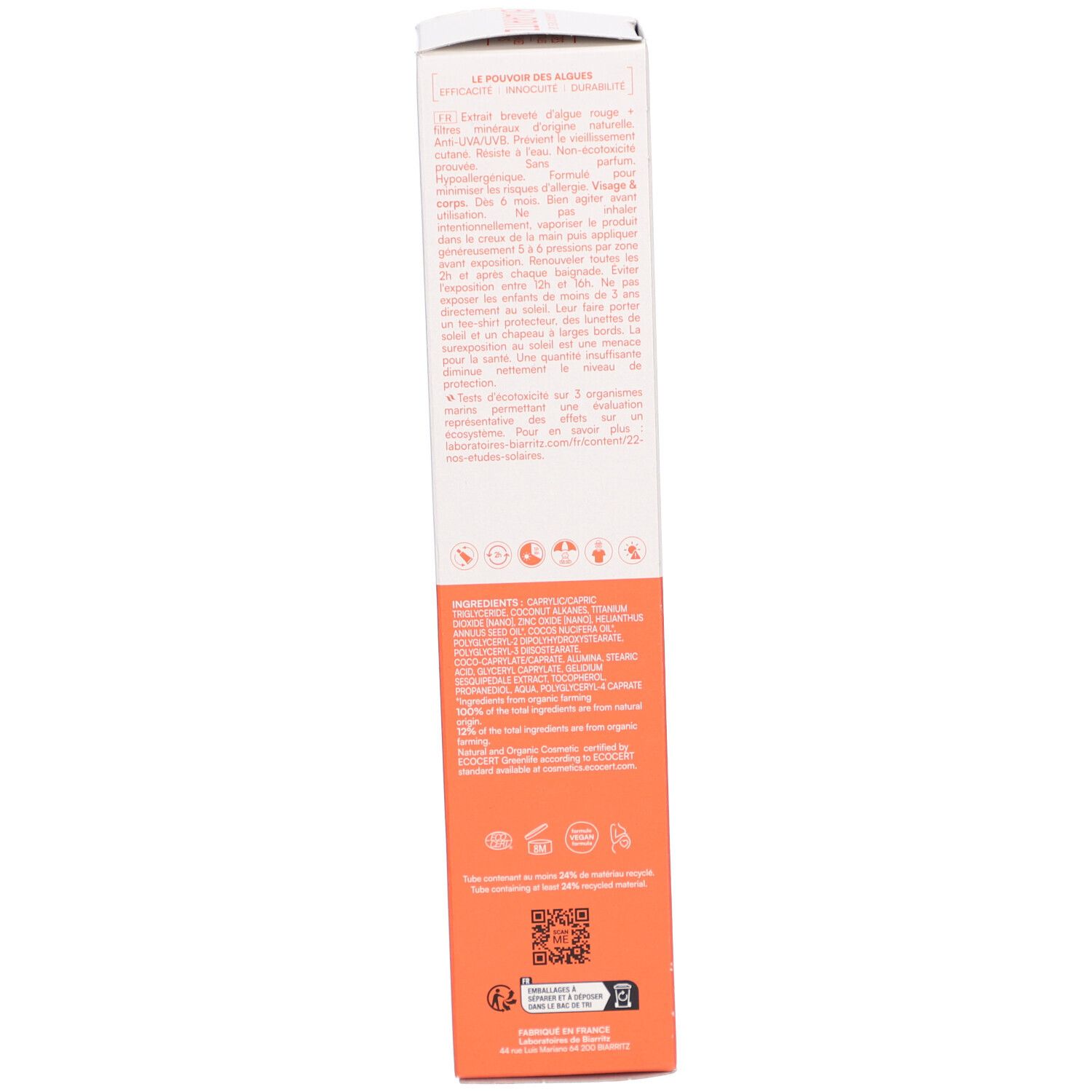 Sonnencreme-Verpackung, Seite. Text und Logos auf orangefarbenem Hintergrund.