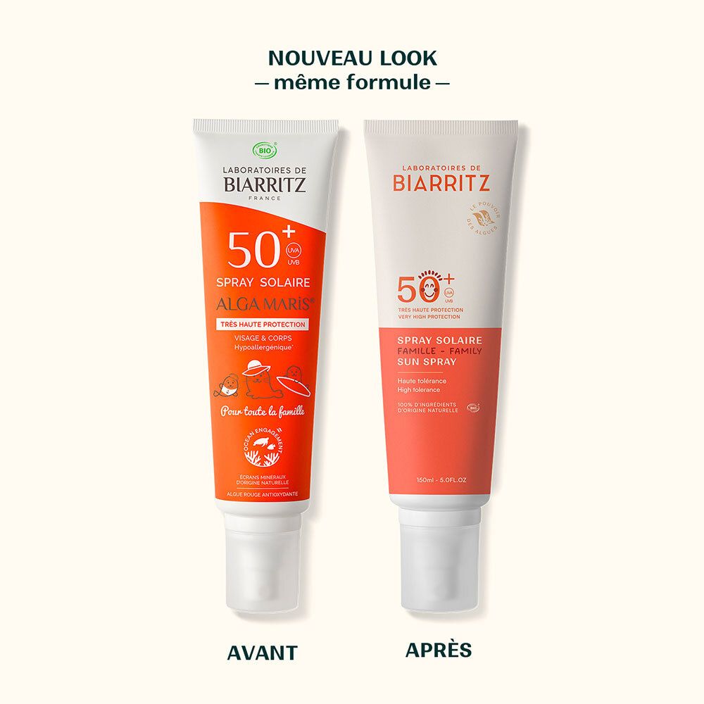 Vergleich: Laboratoires de Biarritz Sonnenspray Familie SPF50+ (Alt vs. Neu).