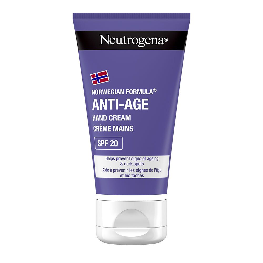 Handcreme-Tube, lila, mit weißem Deckel. Enthält "ANTI-AGE" und "SPF 20". Marke: Neutrogena.