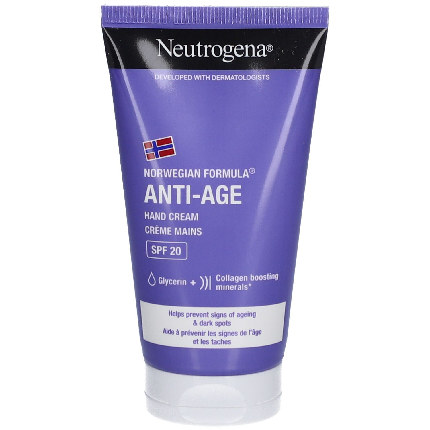 Lila Handcreme-Tube mit weißem Deckel. "ANTI-AGE" und "SPF 20" sind sichtbar. Marke: Neutrogena.