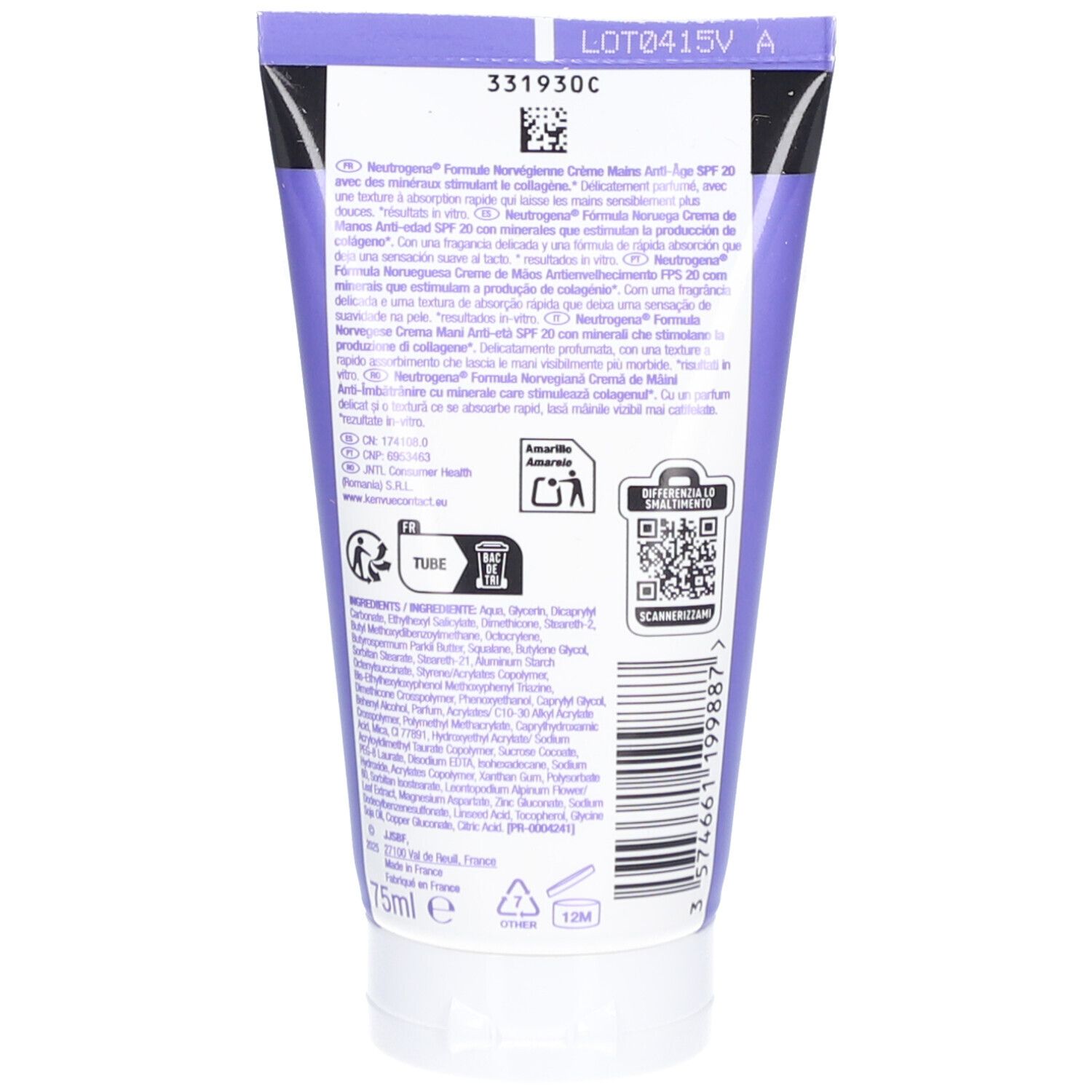 Rückseite einer lila Handcreme-Tube. Text und QR-Code sind sichtbar. Marke: Neutrogena.